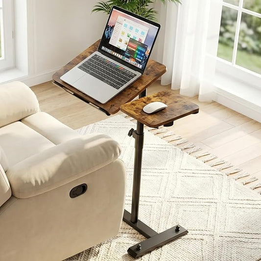 Rolling Table for Laptop Stand, Height and Angle Adjustable Over Bed Table with Wheels, Tilt-Top Laptop Desk for Couch with Cup Holder, Bed Table Tray for Eating (Rustic)