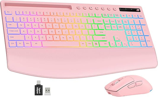 Trueque Wireless Keyboard and Mouse Combo, 4000mAh Rechargeable Backlit Keyboard with Wrist Rest & Phone Holder, Full Size Quiet Typing 2.4G USB-A/Type-C for PC Laptop Windows Mac (Pink)
