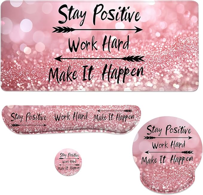 Motivational Quote Mouse Pad Set Stay Positive Work Hard Pink Gaming Mousepad 4in1 Desk Mat for Desktop Wrist Support Cup Coaster Set Ergonomic Computer Desk Arm Wrist for Decor Home Office