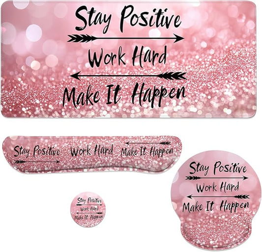 Motivational Quote Mouse Pad Set Stay Positive Work Hard Pink Gaming Mousepad 4in1 Desk Mat for Desktop Wrist Support Cup Coaster Set Ergonomic Computer Desk Arm Wrist for Decor Home Office