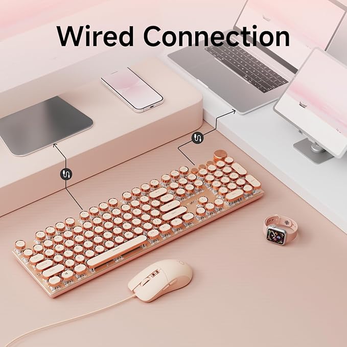 EWEADN Wired Typewriter keyboard and Mouse Combo, Typewriter Style Mechanical Gaming Keyboard,104 Keys Backlit LED Keyboards, Media Control Knob, Wired Keyboard Pink Switch for Windows/Mac/PC-Pink