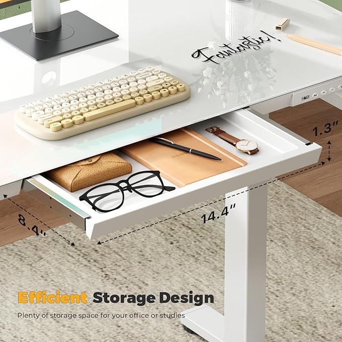 Glass Small Standing Desk with Drawer, 35" x 20" Whole Piece Electric Sit Stand Table, Height Adjustable Desk with Storage & USB Ports, Quick Install Home Office Computer Desk, White