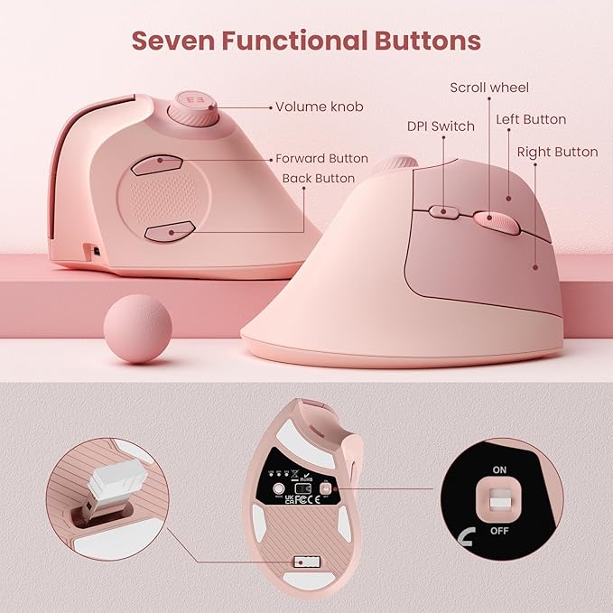 seenda Ergonomic Mouse Wireless, MOU-302 Bluetooth Vertical Mouse Rechargeable, Optical Mice with 1000/1600/2400 DPI, Volume Knob, 3 Multi-Device Connectivity for Computer/PC/Laptop/Mac, Pink