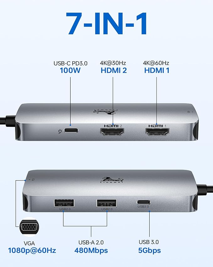 USB C Docking Station Dual Monitor, LIONWEI Laptop Docking Station with Dual 4K HDMI, VGA, 100W PD, 3 USB, USB C Hub Multiport Adapter for Dell, Lenovo, HP, Surface