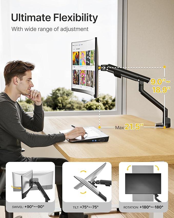 monTEK Single Monitor Arm with USB for 17-40 Inch Screens, Up to 24.3lbs, Heavy Duty Monitor Mount with VESA Mount, Full Motion Adjustment Monitor Stand C-Clamp/Grommet Base,VESA 75/100mm