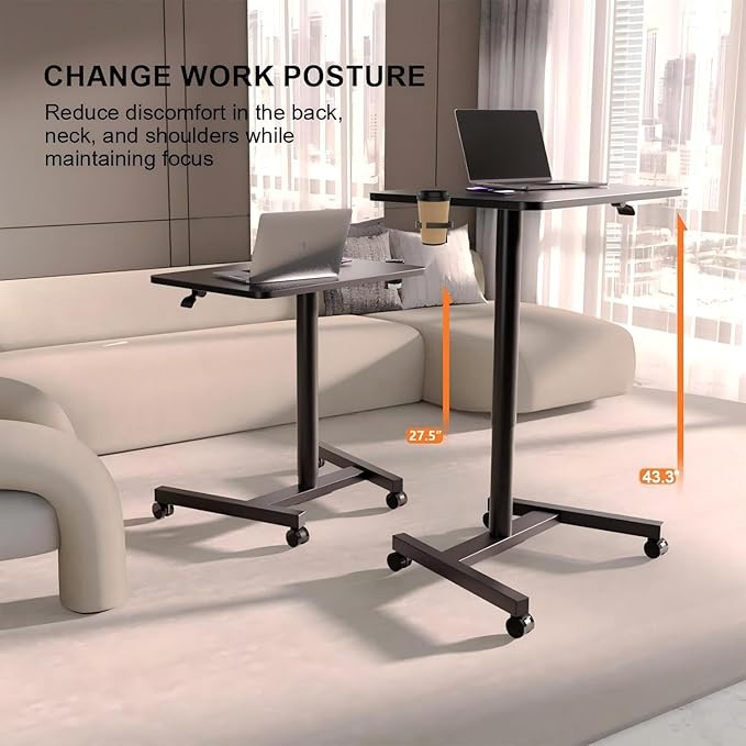 28-Inch Mobile Standing Desk, Computer Workstations with Cup Holder, Portable Standing Desk with Lockable Wheels, Rolling Table for Home Office Classroom Hospital (Jet - Black)