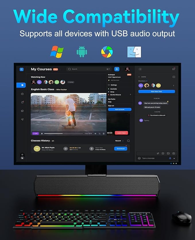 Kunodi USB Computer Speakers for Desktop Monitor, PC Speakers with Stereo Sound, Colorful Light Modes, Plug & Play, USB C Powered for Computer Laptop Monitor Tablet Work