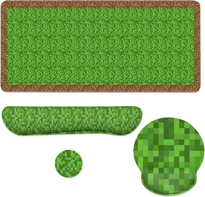 Pixel Game Mouse Pad Set Gamer Pixel Grass Gaming Mousepad 4in1 Desk Mat for Desktop Wrist Support Cup Coaster Set Ergonomic Computer Desk Arm Wrist for Decor Home Office