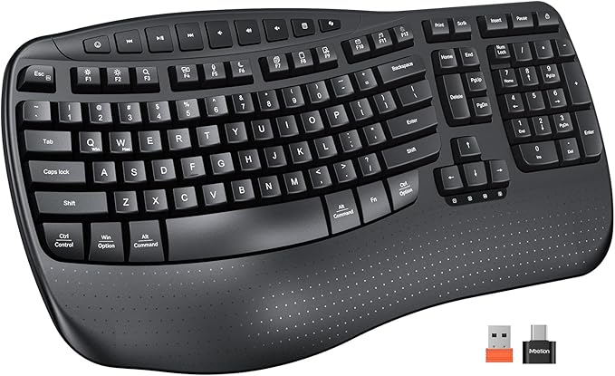 MEETION Wireless Ergonomic Keyboard, Wave Keys Firm Wrist Rest for Natural Typing, 2.4G USB-A Cordless Receiver and USB-C Adapter, Ergo Computer Keyboard Compatible with Windows/Mac/PC/Laptop, Black