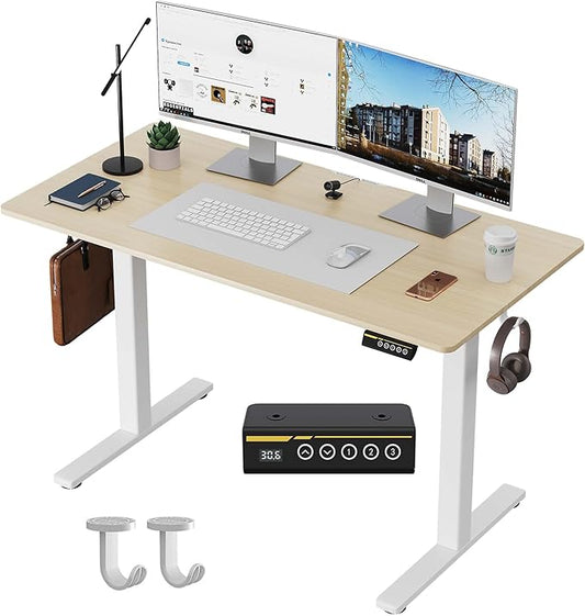 Electric Standing Desk,48x24 Inches Adjustable Height Stand up Desk, Sit Stand Home Office Desk with Splice Board, 3 Preset Heights,Equipped with Hooks,Ergonomic Computer Workstation，Nature