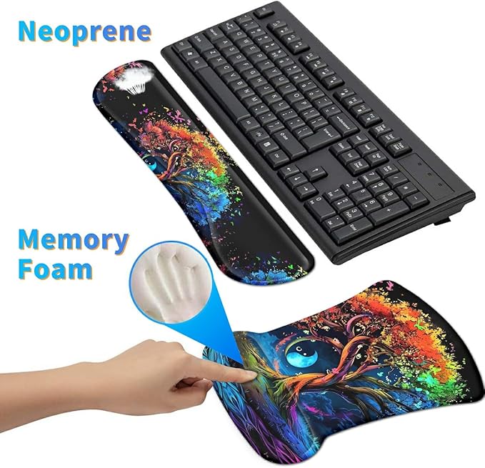 Ergonomic Mouse Pad with Wrist Support Gel Mouse Pads and Upgrade Keyboard Wrist Rest Pad Set, Coasters Non-Slip PU Base Mouse Mat for Office Gaming Computer Laptop Home, Colored Trees