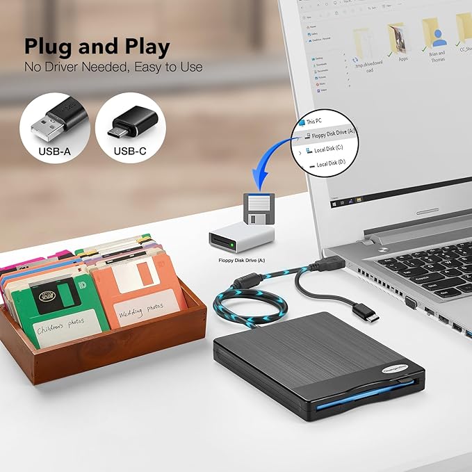Floppy Disk Reader 3.5 inch USB Floppy Disk Drive External 3 1/2 Floppy disc Reader Portable Floppy Diskette Drive USB C for PC Laptop Notebook Computer with Windows 11/10(Plane Texture, 3.5 Inch)