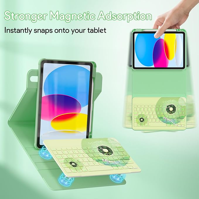 YBING Keyboard Case for iPad 10th Gen 10.9 inch (2022) & 11th Gen (A16, 2025), Bluetooth Wireless Detachable Keyboard with Green Music Painted Patterns, 360 Rotatable Magnetic Case with Pencil Holder