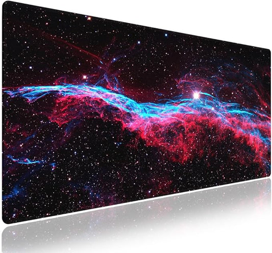 Wknoon. Extra Large Gaming Mouse Pad (31.5" x 11.8") with Durable Stitched Edges – Galaxy Glitter Primordial Nebula Space Cygnus Loop Dynamic Dance of Blue & Red, Anti-Slip Base Extended XXL Desk Mat