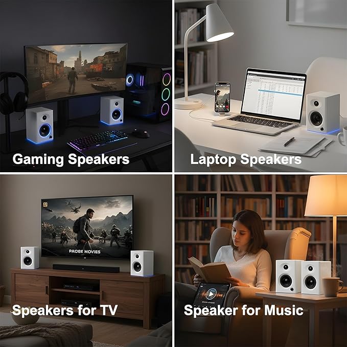 3-Inch Bluetooth 5.3 Computer Speakers for PC, Max 60W RMS Rich Stereo Sound with Good Bass & Clear Highs, Stable Aux/RCA Inputs, for Gaming, Home Office, Studio, White Pair