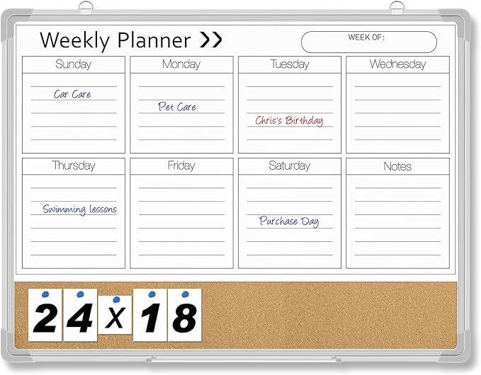 Lincia 24 x 18 Inches White Board Weekly Calendar Dry Erase 2-in-1 Whiteboard Cork Board Combo Weekly Planner Whiteboard Wall Magnetic for Wall Aluminum Frame Calendar Home Office Project