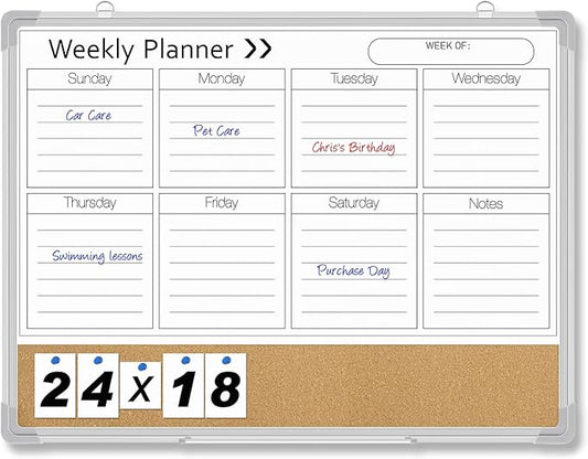 Lincia 24 x 18 Inches White Board Weekly Calendar Dry Erase 2-in-1 Whiteboard Cork Board Combo Weekly Planner Whiteboard Wall Magnetic for Wall Aluminum Frame Calendar Home Office Project
