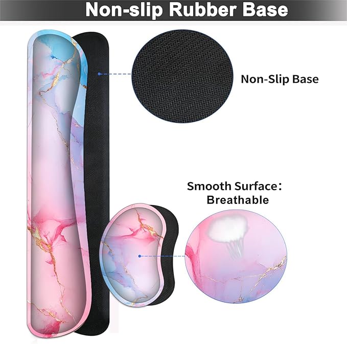 Large Mouse pad and Keyboard Support Set, Ergonomic Memory Foam Keyboard Wrist Rest, Extended Gaming Mouse Pad with Stitched Edges, Blue Pink Marble XXL Desk Mat (31.5 X 11.8 in)