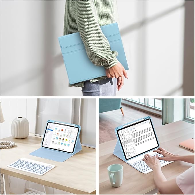Soke for iPad (A16) 11th/10th Generation Case with Keyboard(2025/2022)-7 Color Backlight Wireless Detachable Folio Keyboard Cover with Built-in Pencil Holder for iPad 11/10.9 inch, Ice Blue