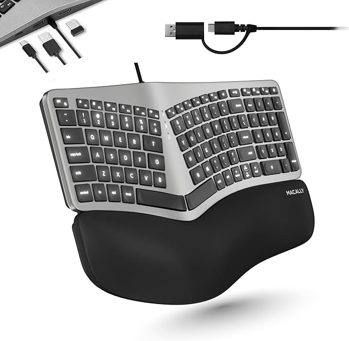 Macally Wired Ergonomic Keyboard for Mac - USB Hub, Backlit Keys, Dual USB C + A Plug, Split Design, Padded Wrist Cushion - Compatible Apple Keyboard for MacBook Pro/Air, iMac, iPad - Space Gray