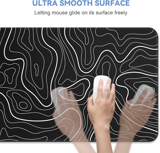 Mouse Pad Gaming Mousepad 31.5 x 11.8in Large Mouse Pad for Keyboard and Mouse with Anti-Slip Rubber Base, Keyboard Pad XL Mouse Mat for Home and Office（Black with White Topographic Line）