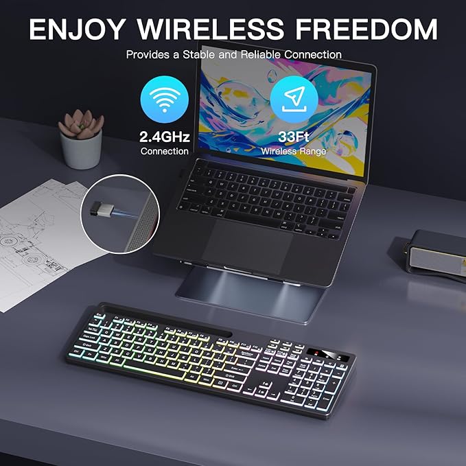 Wireless Keyboard with 7-Color RGB Backlit, Full-Size Computer Keyboard with Phone Tablet Holder, 2.4G Rechargeable Gaming Keyboard with Light Up Keys, Compatible with Mac, Windows (Black)