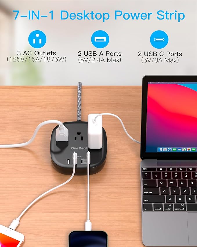 Flat Plug Power Strip, Flat Extension Cord 3 Ft, 3 Outlets 4 USB Ports (2 USBC) 22.5W/4.5A Desktop Charging Station, Power Strip No Surge Protection for Cruise Ship, Dorm Room Travel Essentials, Black
