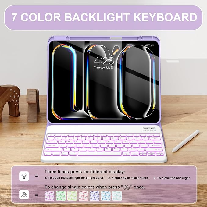 Soke Keyboard Case for iPad Pro 13 Inch (M5 2025/M4 2024), 7-Color Backlit Detachable Bluetooth Keyboard, Folio Stand TPU Back Cover with Pencil Holder for iPad Pro 13", Violet Marble