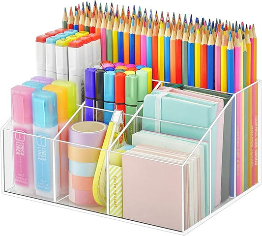 VITVITI Acrylic Pen Holder, Clear Desk Organizer, Pen Organizer for Desk, 7 Compartments Pencil Holder, Desktop Stationery Organizer for Office Storage/School/Home/Art Supplies