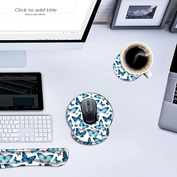 Mouse Pad Wrist Support and Keyboard Wrist Rest Pad with Coaster,Non-Slip Rubber Base Ergonomic Gaming Mousepad for Home Office Working Studying Easy Typing & Pain Relief,Blue Butterflies