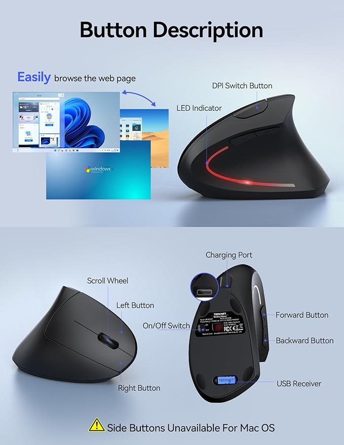 TECKNET Ergonomic Mouse, Wireless Rechargeable Vertical Mouse for Carpal Tunnel Right Hand, 4800 DPI 5 Adjustable Levels 2.4GHz with USB-A Receiver, Silent Click, for Laptop, PC, Desktop (Not USB-C)