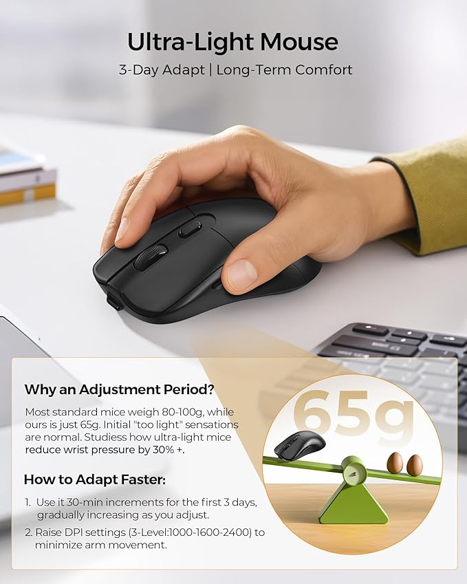 seenda Bluetooth Ergonomic Keyboard and Mouse, COE310 3 Multi-Device Connectivity, Rechargeable Wave Wireless Keyboard Mouse Combo, Compatible for Windows/macOS/PC/Laptop/MacBook/iPad - Black
