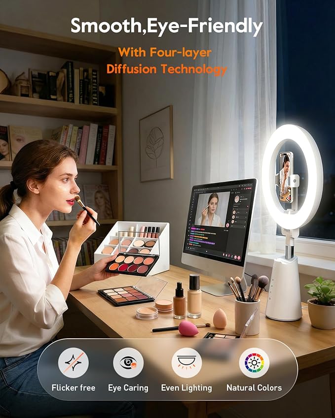 11" True-Color Desk Ring Light with Stand & Dual Phone Holders – CRI 98+ Soft Desk Selfie Light, 224 LEDs, 4 Color Modes, Touch Control for Makeup, Live Streaming, Video Recording, Zoom Calls&TikTok