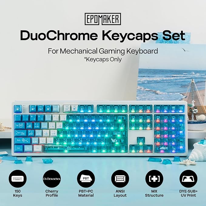 EPOMAKER DuoChrome Keycaps Set, 150 Keys, Cherry Profile, Shine Through, PBT+PC, Dye-sub, 65%/75%/TKL/96%/Full Size, Custom Keyboard Keycaps Set for Mechanical Gaming Keyboard (Blue)