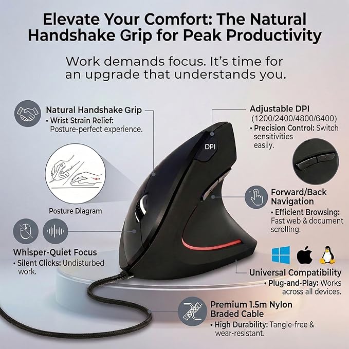 ROCK&ROWN Wired Ergonomic Mouse,Vertical Mouse with Nylon-Braided Cable,6 Buttons,6400 Adjustable DPI,Silent Mouse for PC,Mac,Laptop - Black