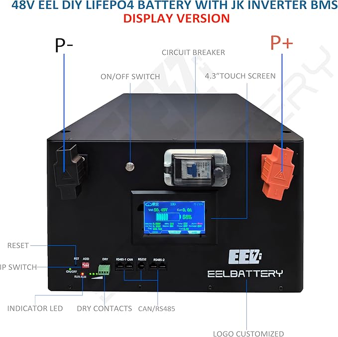 EEL 48V 16S V4 White Server Rack DIY Kit Box Built-in JK Inverter 2A Active Balance 200A BMS with 4.3" LCD Screen Stackable Type