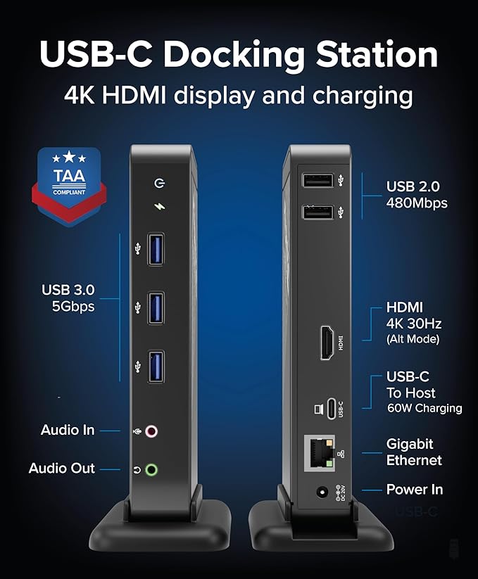 Plugable USB-C Dock with 4K HDMI and 60W Charging, Compatible with Thunderbolt 3/4, USB4, and USB C macOS, Windows, and Chromebook 1Gbps Ethernet, 3X USB 3.0, 2X USB 2.0, Driverless