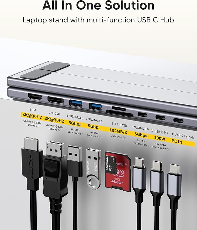 USB C Laptop Docking Station Stand Dual Monitor, Single 8K for Windows DP 1.4 or Dual 4K for Win and Mac, 9 in 1 USB C Hub with HDMI+DP, 2*USB 3.0, PD 100W, USB C 3.0, SD/TF, Universal Dock Station