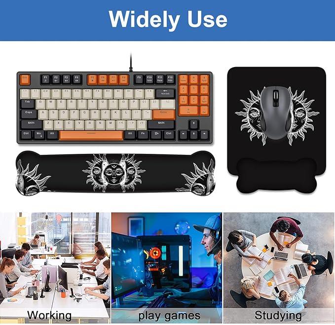 Keyboard Wrist Rest & Mouse Pad Wrist Support Set, Moon and Sun with Many Fractal Faces Celestial Energy Mystic Art Non-Slip Rubber PU Base for Home Office Working Studying Easy Typing & Pain Relief