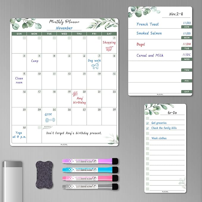 Dry Erase Fridge Calendar Magnetic, Greenery White Board Calendar Dry Erase for Refrigerator - Set of Vertical Monthly & Weekly Calendar for Fridge with 1 List Board, 4 Markers + Eraser