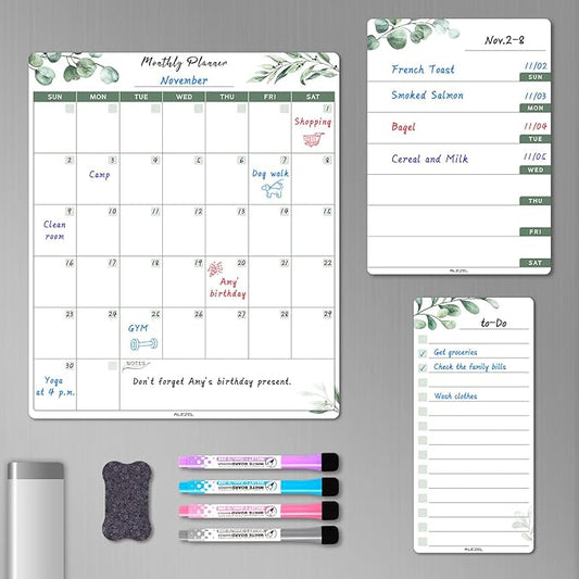 Dry Erase Fridge Calendar Magnetic, Greenery White Board Calendar Dry Erase for Refrigerator - Set of Vertical Monthly & Weekly Calendar for Fridge with 1 List Board, 4 Markers + Eraser