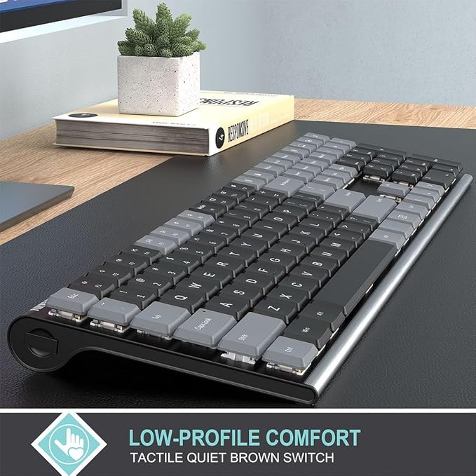 Arteck Mechanical 2.4G USB Wireless Performance Keyboard, Tacktile Quiet Brown Switches, Stainless Steel Low Profile for PC/Desktop/Laptop/TV and Windows 11/10 Built in Rechargeable Battery Gray