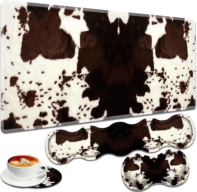 Large Gaming Mouse Pad + Keyboard Wrist Rest + Wrist Support + Coaster Set, Memory Foam Ergonomic for Easy Typing, XXL Extended Gaming Mouse Pad Table Pad - Cow Hide Print