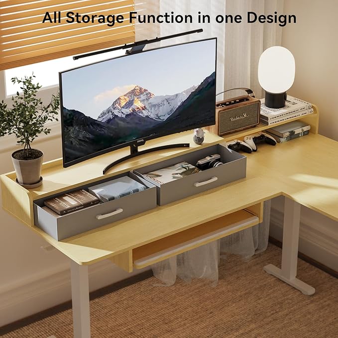63 Inches Height Adjustable L Shaped Standing Desk with 2 Drawers and Keyboard Tray, Electric Sit to Stand Home Office Comupter Table, Ergonomic Corner Gaming Desk, Oak