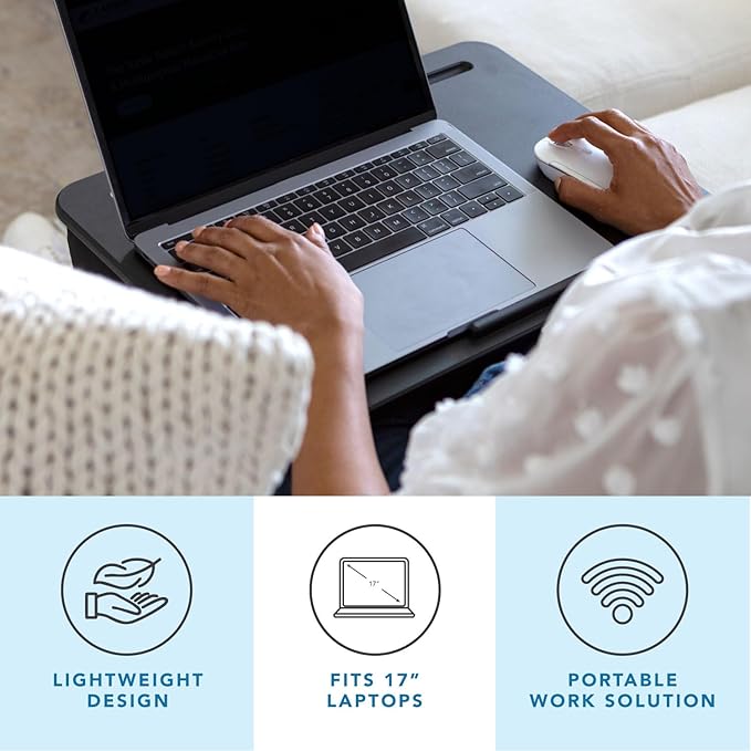 LAPGEAR Original Lap Desk – Large (17.9” x 13”) | Fits Up to 17.3” Laptops | Cushioned with Device Ledge, Pencil Tray & Handle | Portable & Lightweight | Black – Style No. 45148