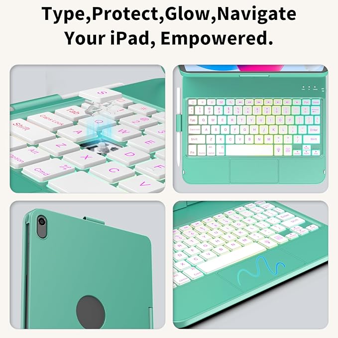 HOTLIFE for iPad A16 11th Generation/10th Generation Case with Keyboard,Touch Keyboard for iPad 11" /10th Gen 10.9 inch 2022-10 Color Backlight, 360° Rotatable Protective Cover (Lake Blue)