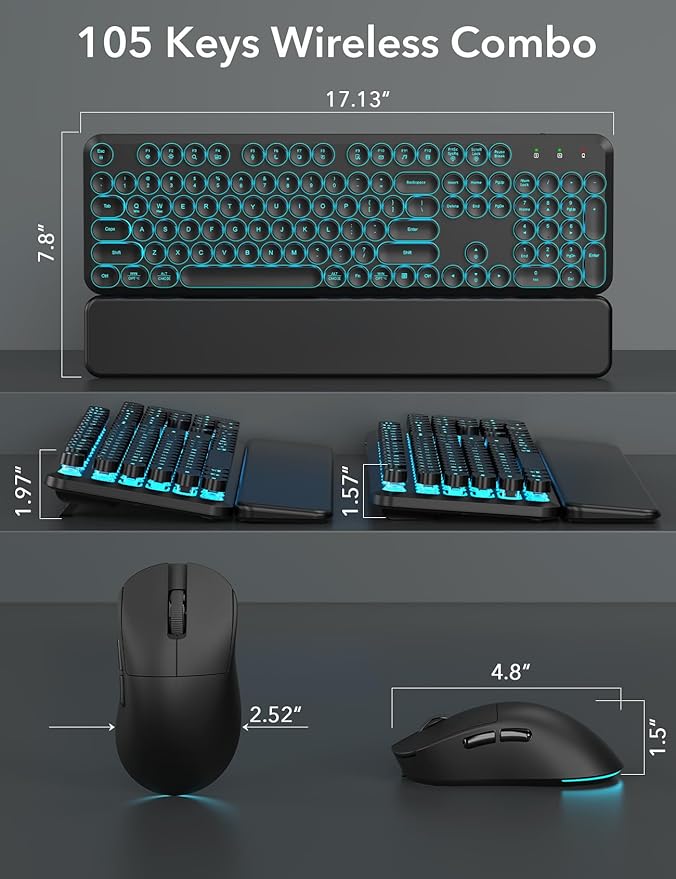 Wireless Keyboard and Mouse Backlit - Typewriter Keyboard with Magnetic Wrist Rest, Retro Round Keycaps, Light Up Letters, 2.4GHz Cordless Combo for Mac, Windows, PC, Laptop, Trueque CK24 [Upgraded]