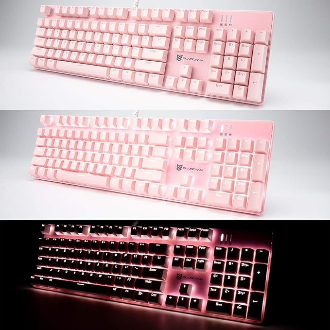 Full Size Wired Mechanical Gaming Pink Keyboard | Blue Switch 104 Keys US Layout Full Size Pink PC Gaming Keyboards | Hot Swappable LED Backlit Light Up Wired Mechanical Computer Keyboards