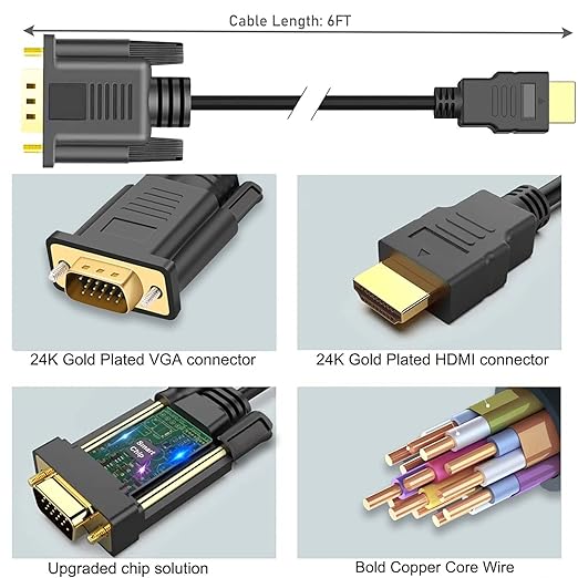 HDMI to VGA 6FT, Uni-Directional HDMI Computer to VGA Monitor Cable (Male to Male) Compatible for Desktop, Laptop, PC, Monitor, Projector, HDTV, Raspberry Pi, Roku, Xbox and More (5)