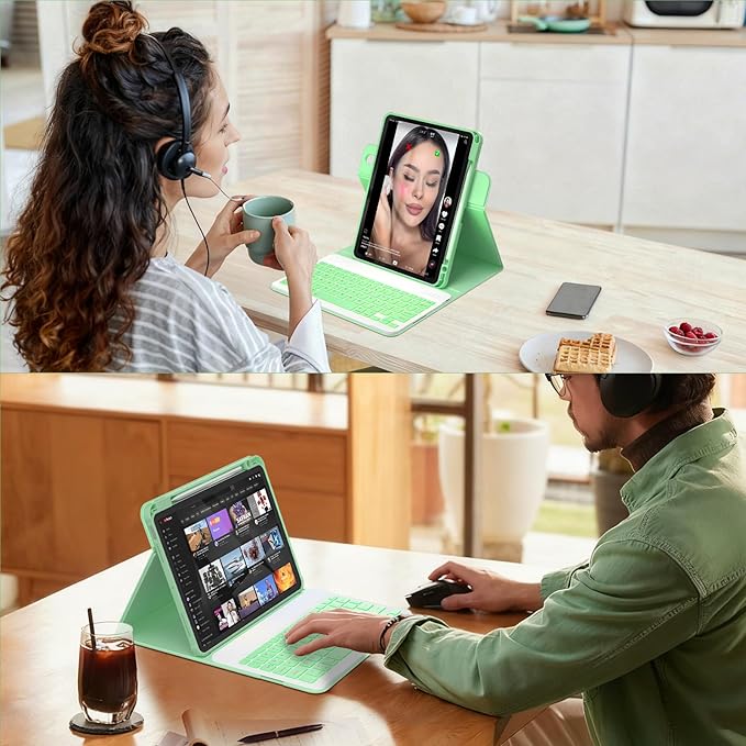 YBING Keyboard Case for iPad 10th Gen 10.9 inch(2022) & 11th Gen(A16, 2025), 7-Color Backlit Detachable Keypad & Rotatable Magnetic Case with Pencil Holder (Green)